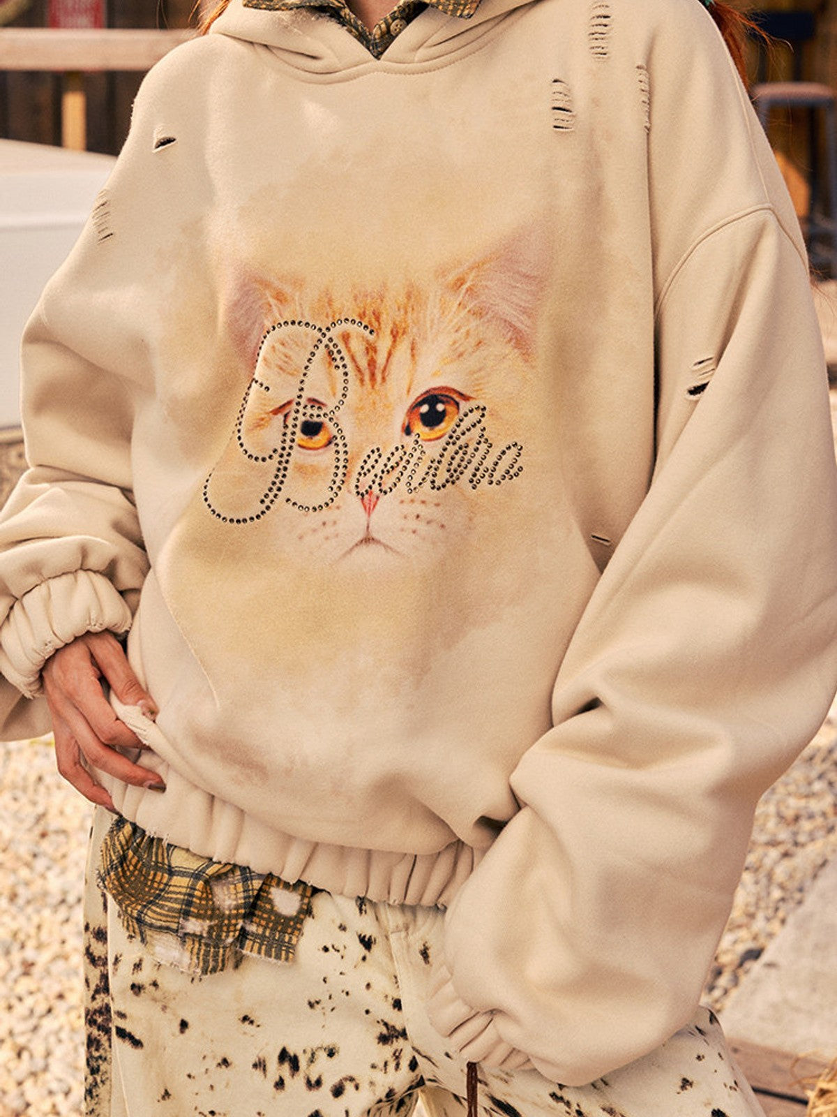 BEERBRO Distressed Cat Graphic Hoodie in Cream - On Female Model