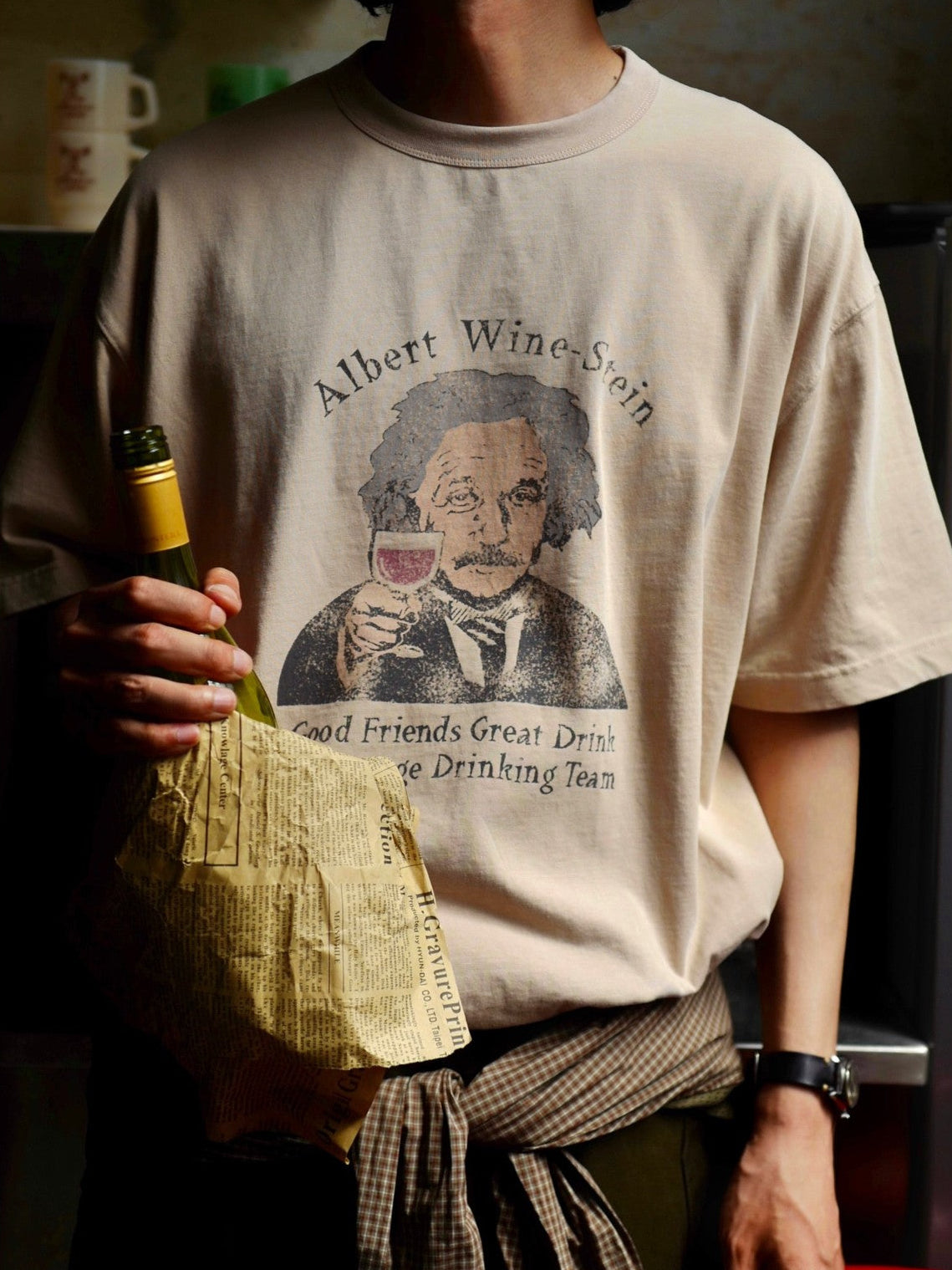 USAGE Vintage Wash Einstein Graphic T Shirt in Beige - On Male Model