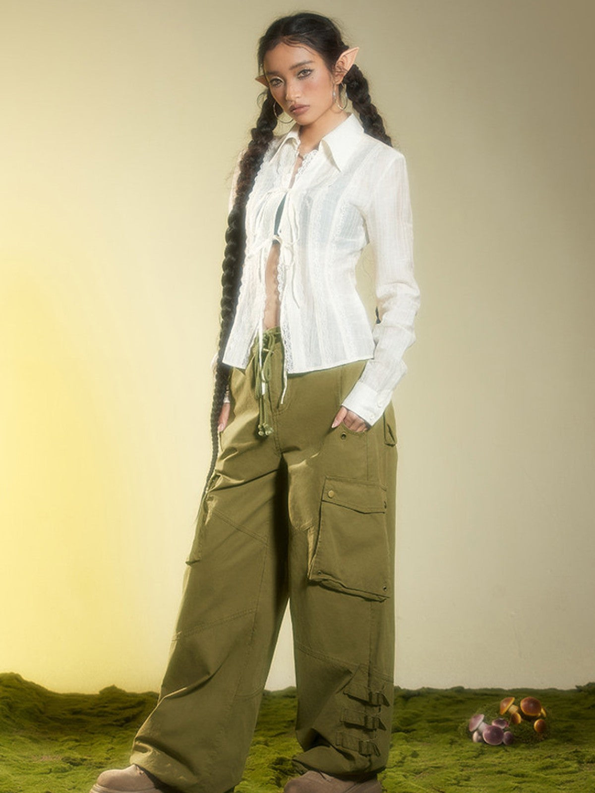 BEERBRO Washed Buckle Strap Cargo Pants in Olive - On Female Model