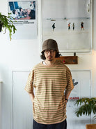 USAGE Retro Striped Cotton T Shirt in Pink - On Male Model