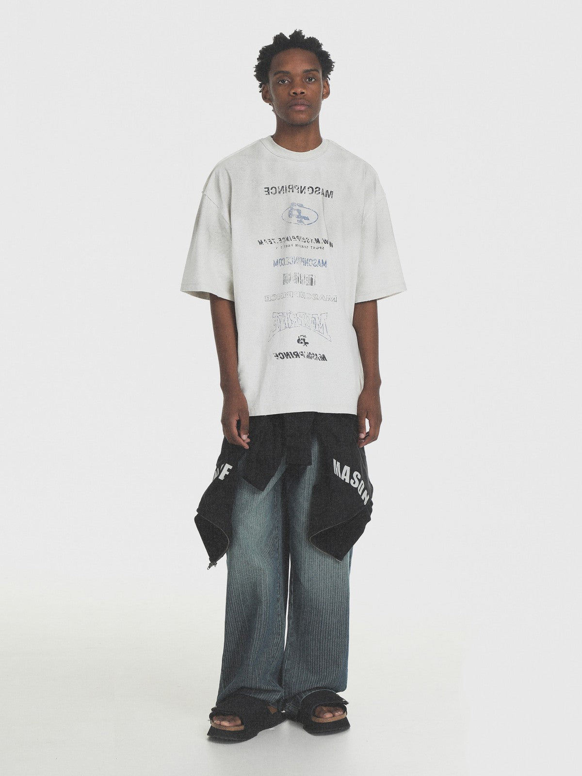 MASONPRINCE Distressed Typographic Cotton T Shirt in Gray - On Male Model