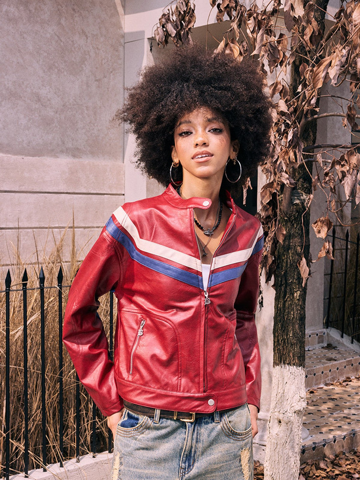 BEERBRO Contrast Stripe Leather Jacket in Red - On Female Model
