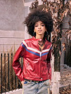 BEERBRO Contrast Stripe Leather Jacket in Red - On Female Model