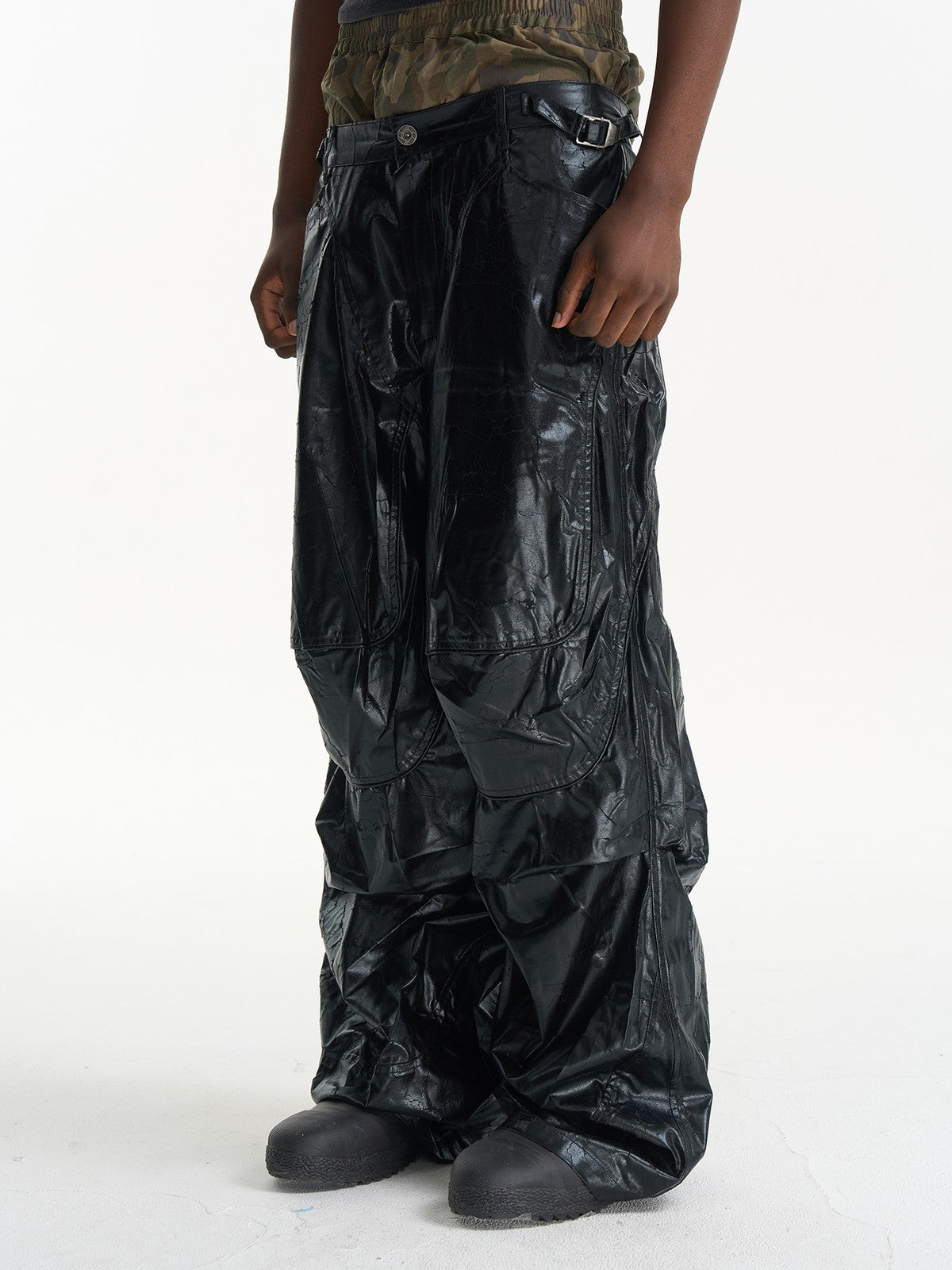 BLINDNOPLAN Faux Leather Layered Cargo Pants in Black - On Model