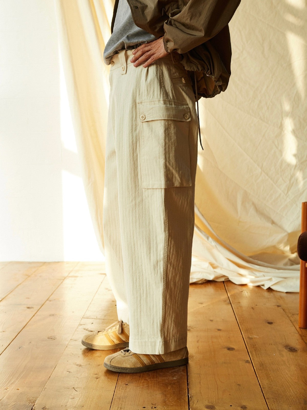 USAGE Heavyweight Herringbone Cargo Pants in White - On Model