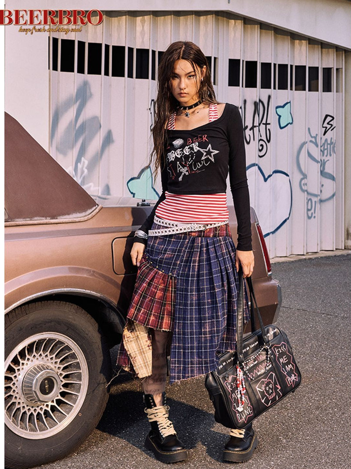 BeerBro Graffiti Print Tee Striped Tank Set in Black - On Female Model