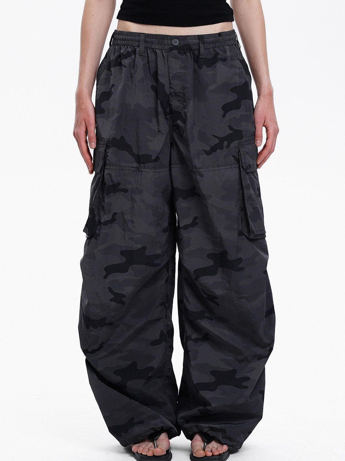 MASONPRINCE Camo Nylon Cargo Parachute Pants in Gray - On Model