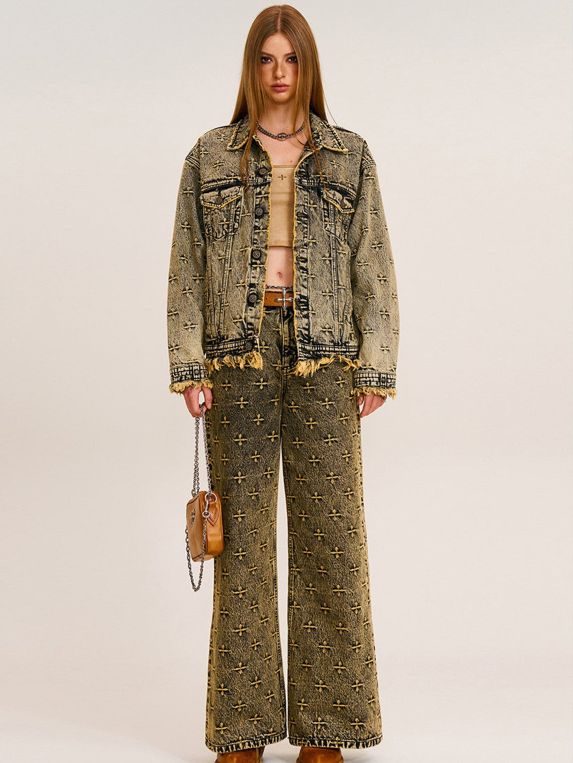 SMFK All Over Print Wide Leg Jeans in Brown - On Female Model