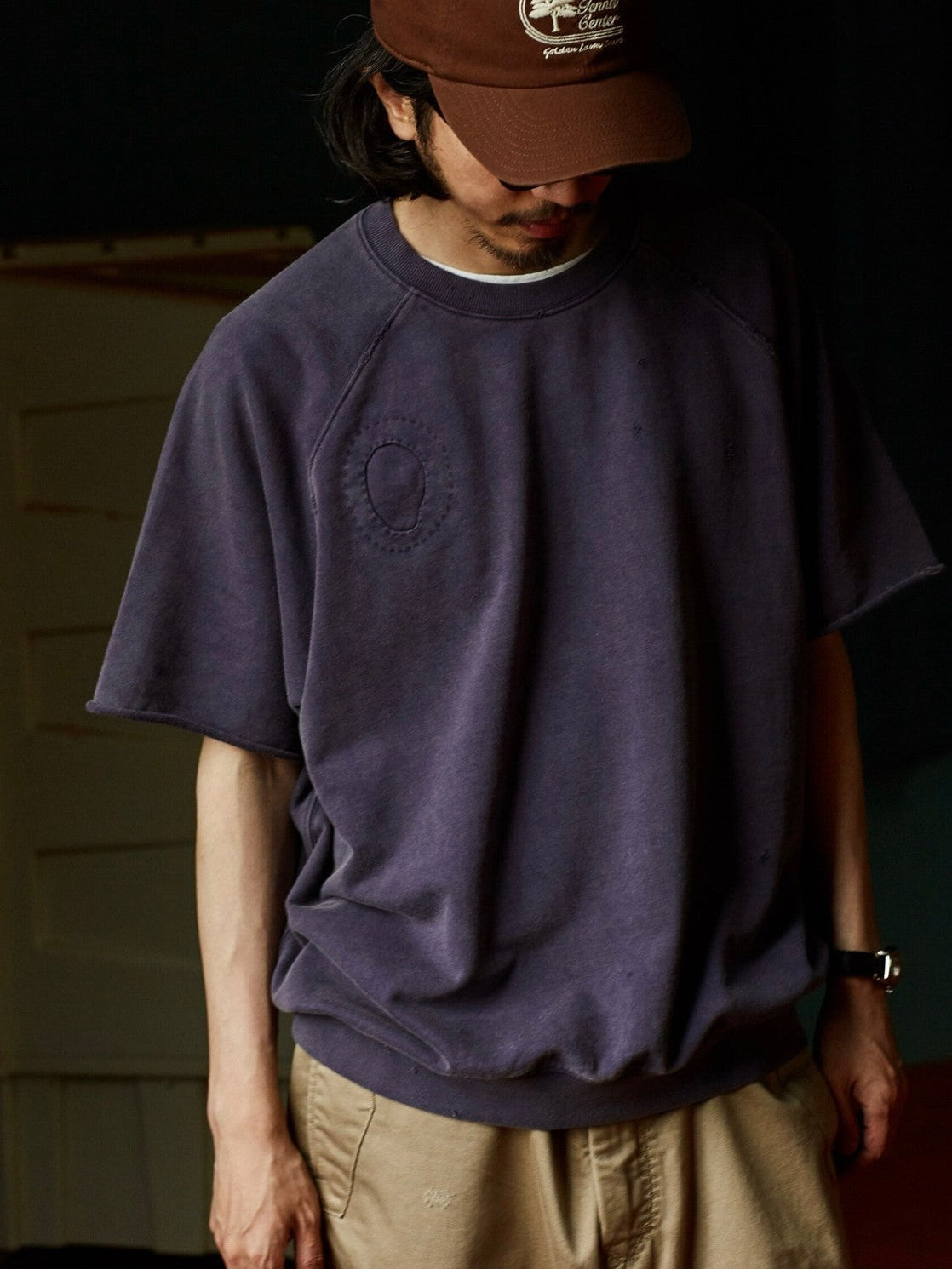 USAGE Vintage Wash Distressed Short Sleeve Sweatshirt in Purple - On Male Model