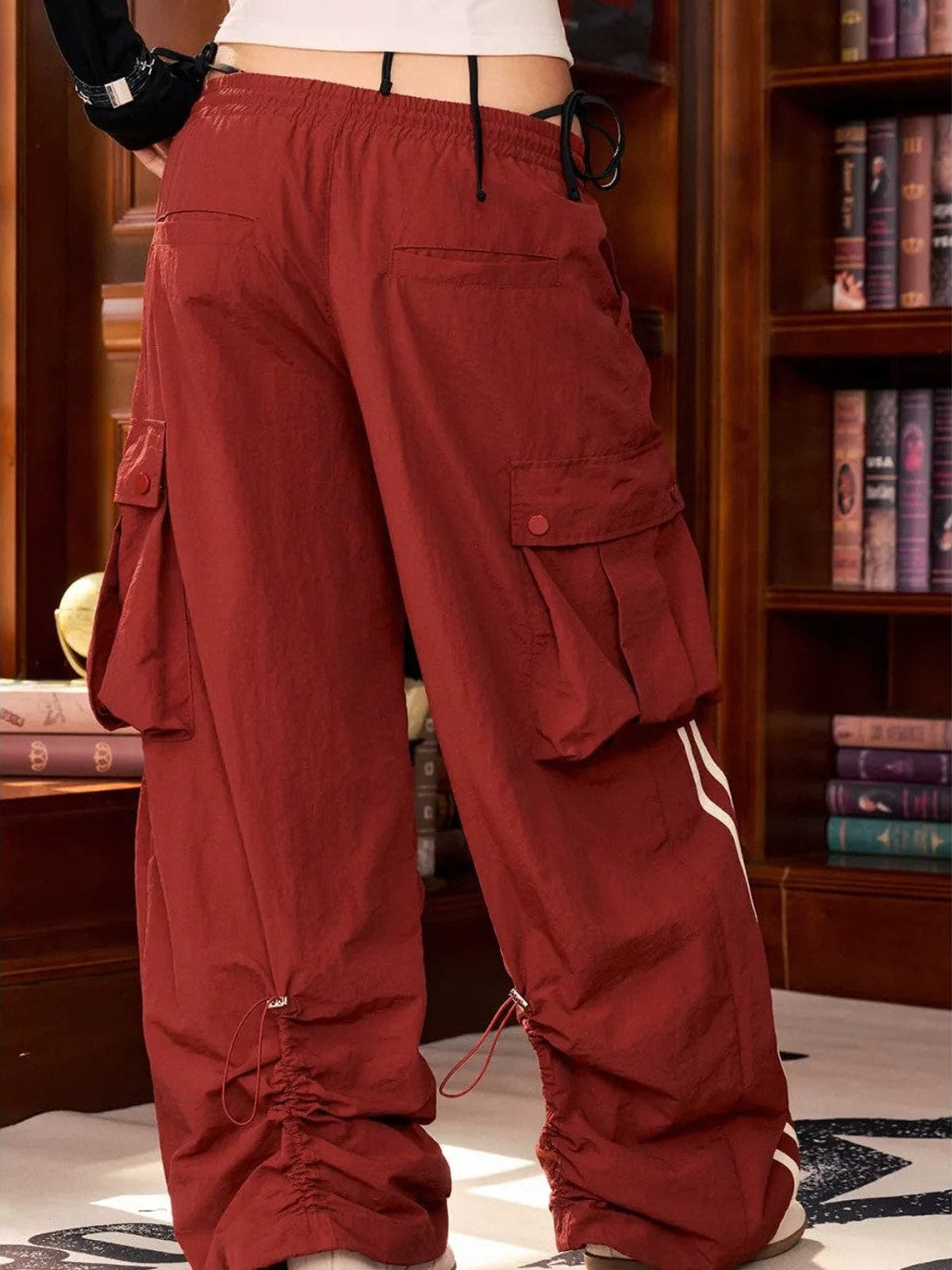 BeerBro Contrast Stripe Cargo Pants in Red - On Female Model