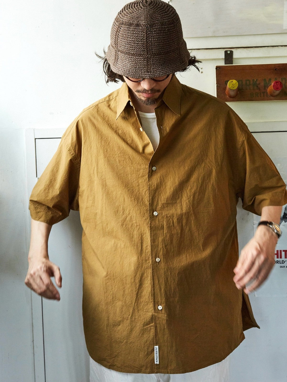 USAGE Cotton Crinkle Short Sleeve Shirt in Beige - On Male Model
