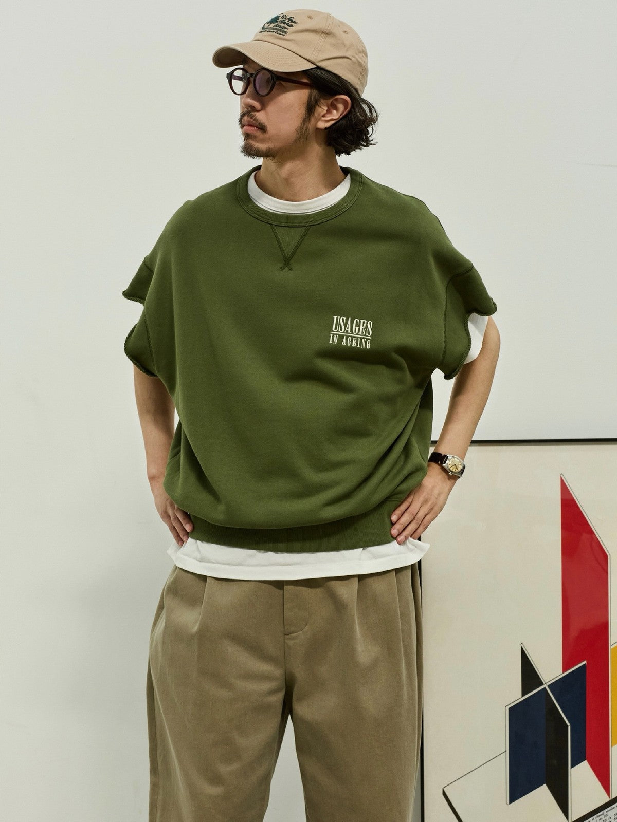USAGE Raw Edge Cotton Short Sleeve Sweatshirt in Olive - On Male Model
