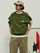 USAGE Raw Edge Cotton Short Sleeve Sweatshirt in Olive - On Male Model