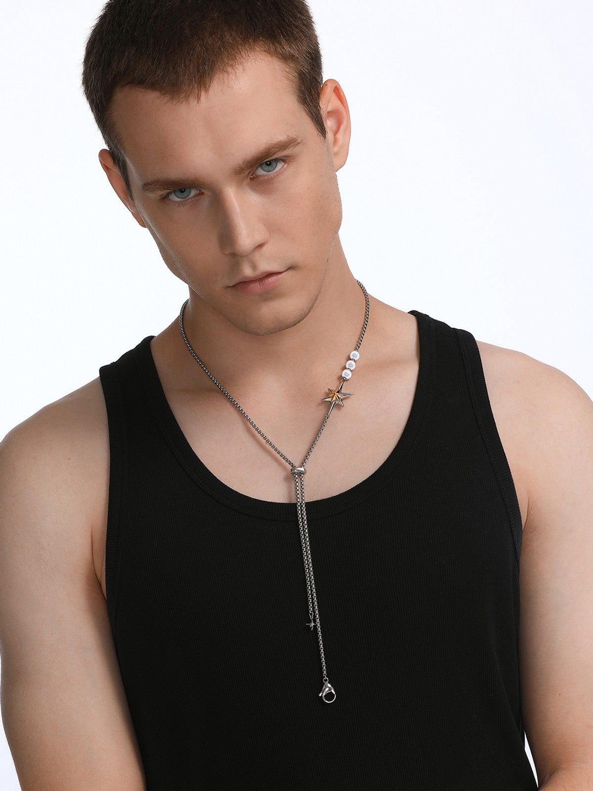 BLACKHEAD Star Pendant Pearl Layered Necklace in Gray - On Male Model
