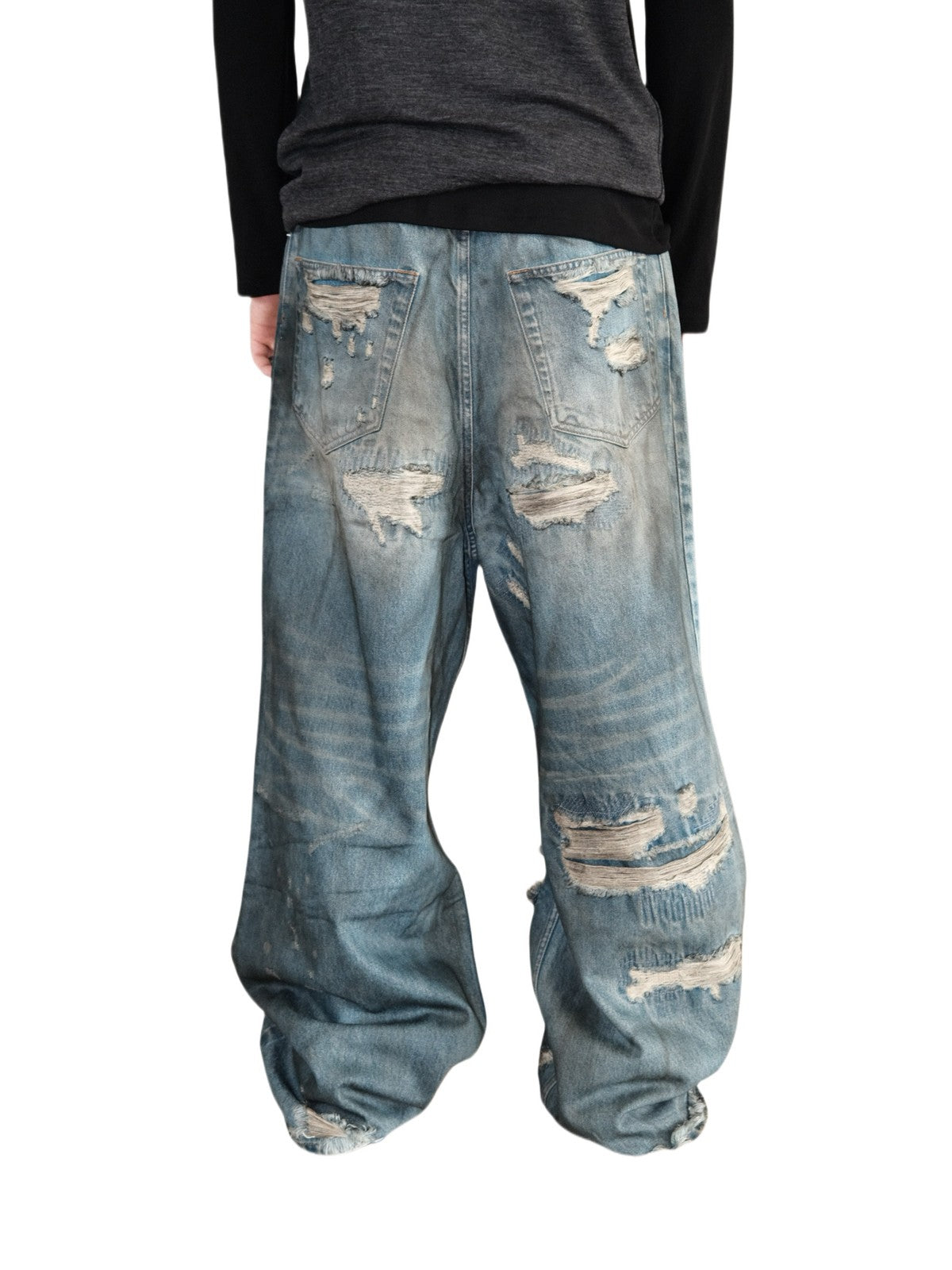 UNKNOWNWORLD Distressed Boro Mud Dyed Jeans in Denim - On Model
