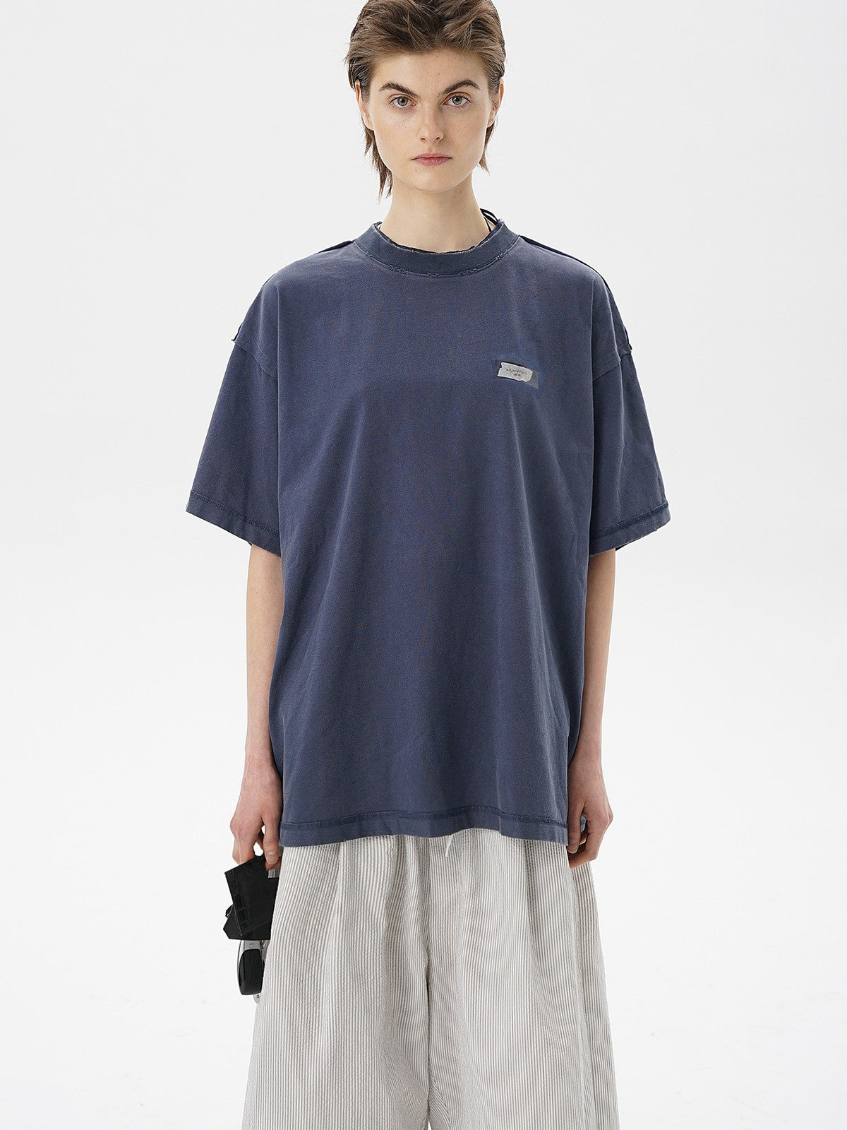 MASONPRINCE Exposed Seam Tape Print T Shirt in Navy Blue - On Female Model