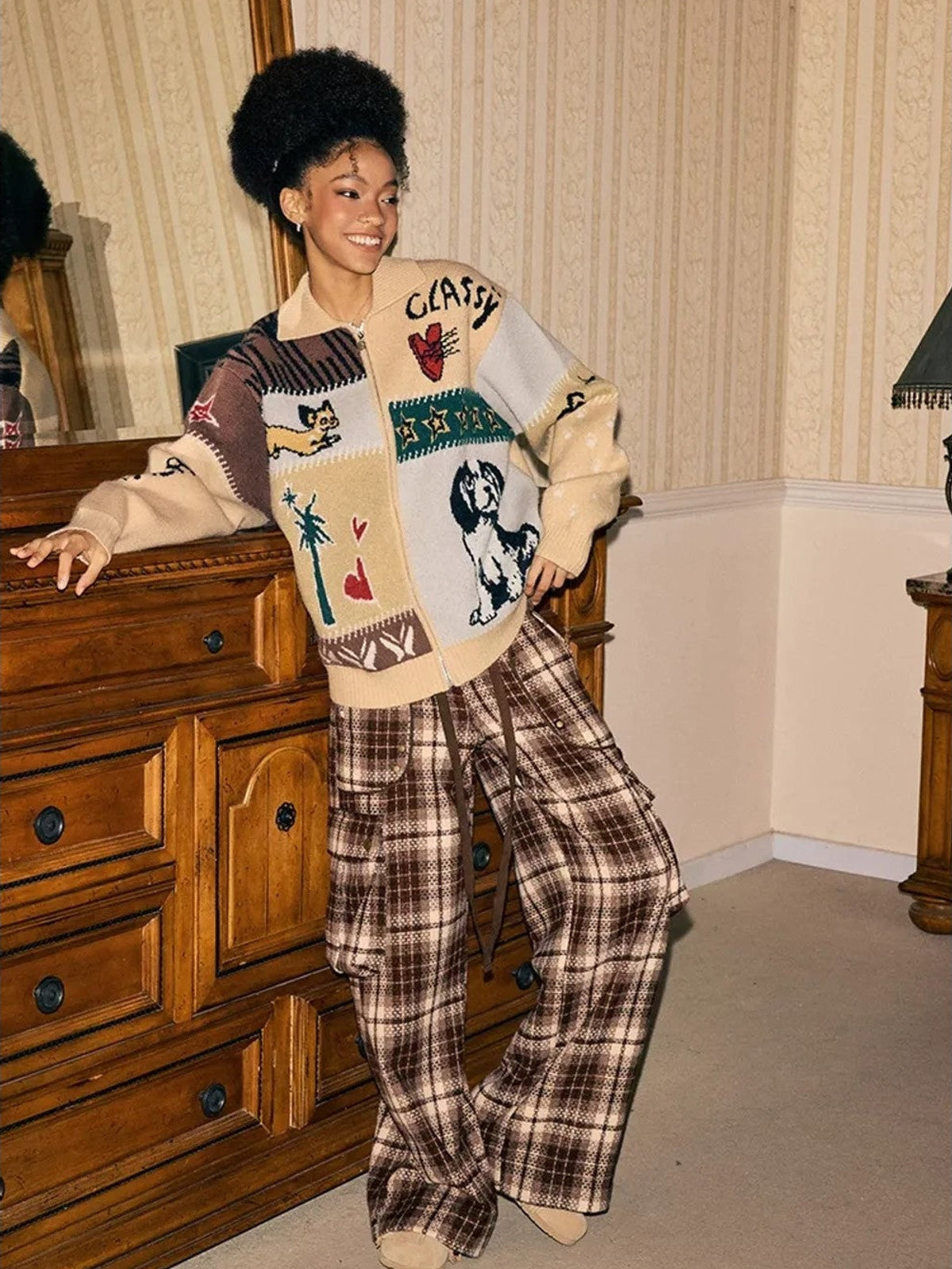 BeerBro Plaid Tweed Wide Leg Cargo Pants in Brown - On Female Model