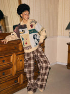 BeerBro Plaid Tweed Wide Leg Cargo Pants in Brown - On Female Model
