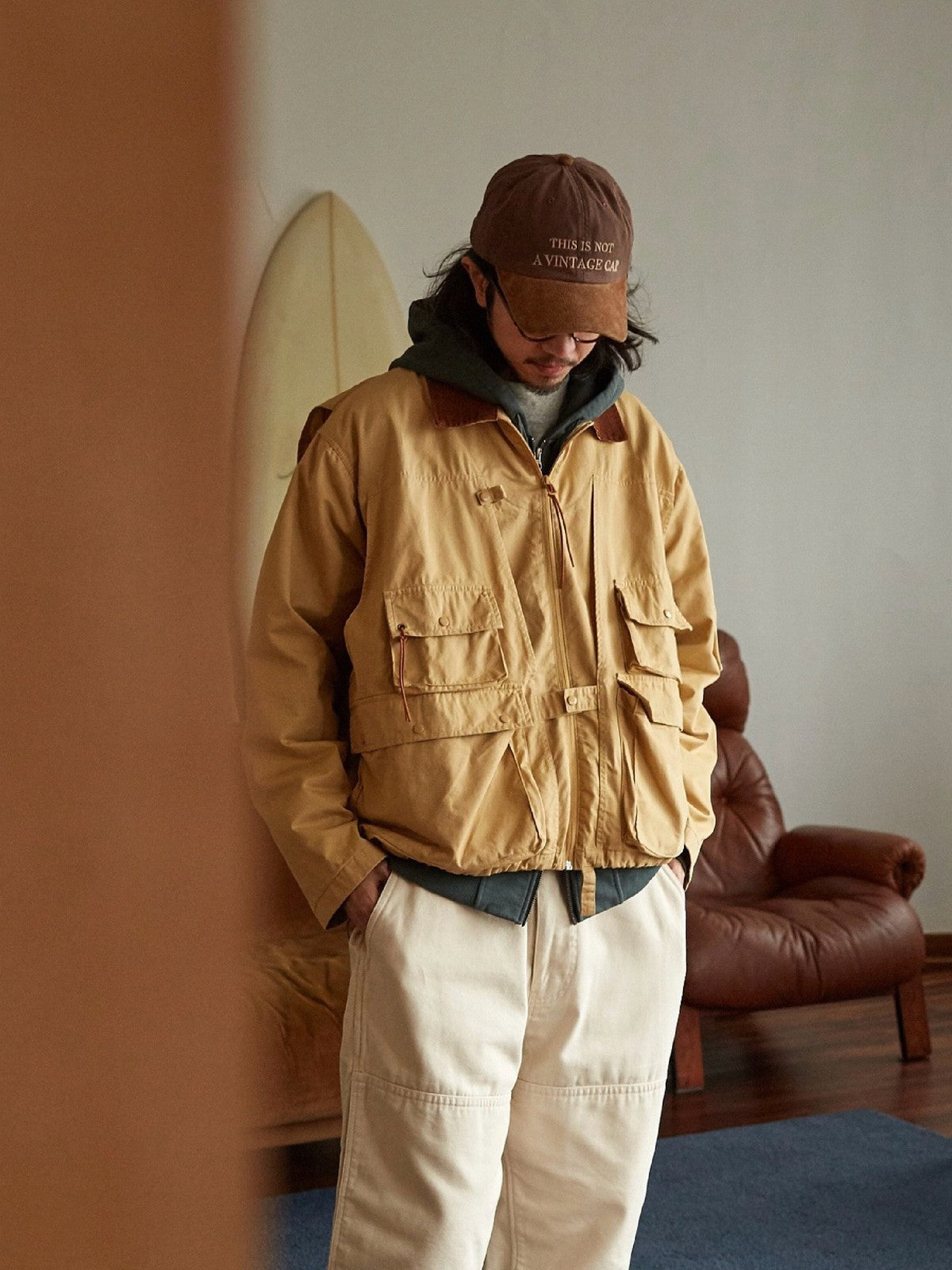 USAGE Corduroy Collar Cotton Fishing Jacket in Beige - On Male Model