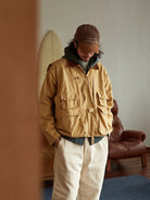 USAGE Corduroy Collar Cotton Fishing Jacket in Beige - On Male Model