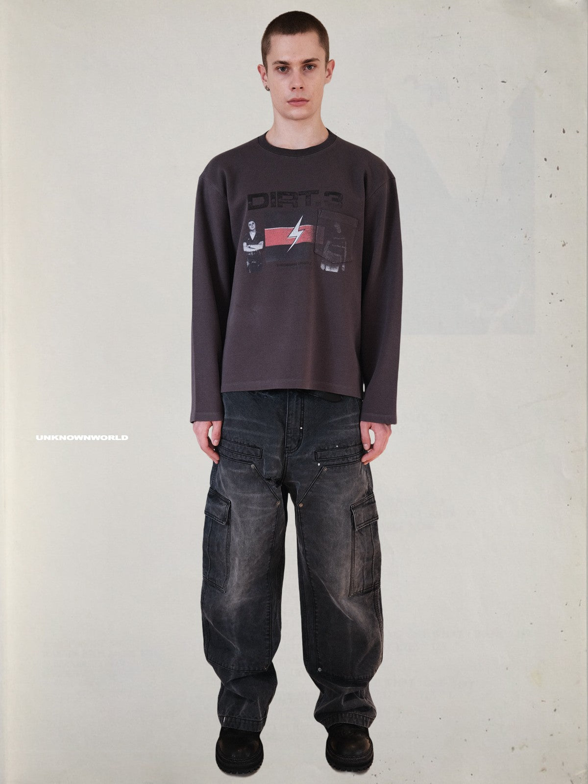 UNKNOWNWORLD Throbbing Gristle Waffle Sweatshirt in Dark Gray - On Male Model