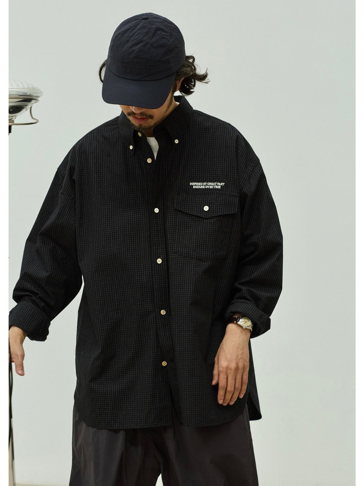 USAGE Oversized Micro Check Button Down Shirt in Black - On Male Model