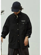 USAGE Oversized Micro Check Button Down Shirt in Black - On Male Model
