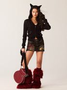 BEERBRO Devil Horn Open Knit Cardigan in Black - On Female Model