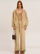 SMFK Distressed Washed Cotton Zip Up Hoodie in Beige - On Female Model