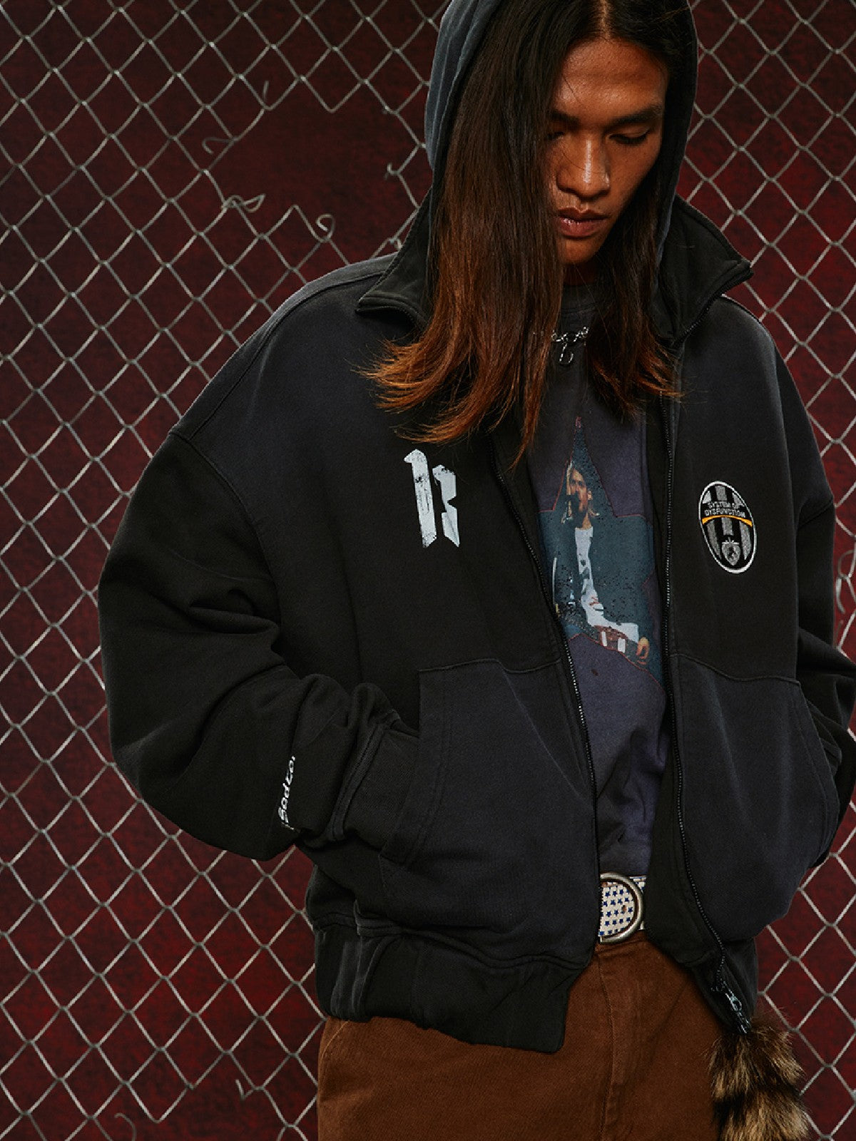 SOD Washed Layered Zip Up Hoodie in Black - On Male Model