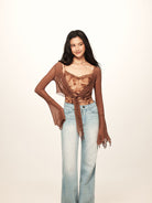 BEERBRO Sheer Mesh Tie Front Top in Brown - On Female Model