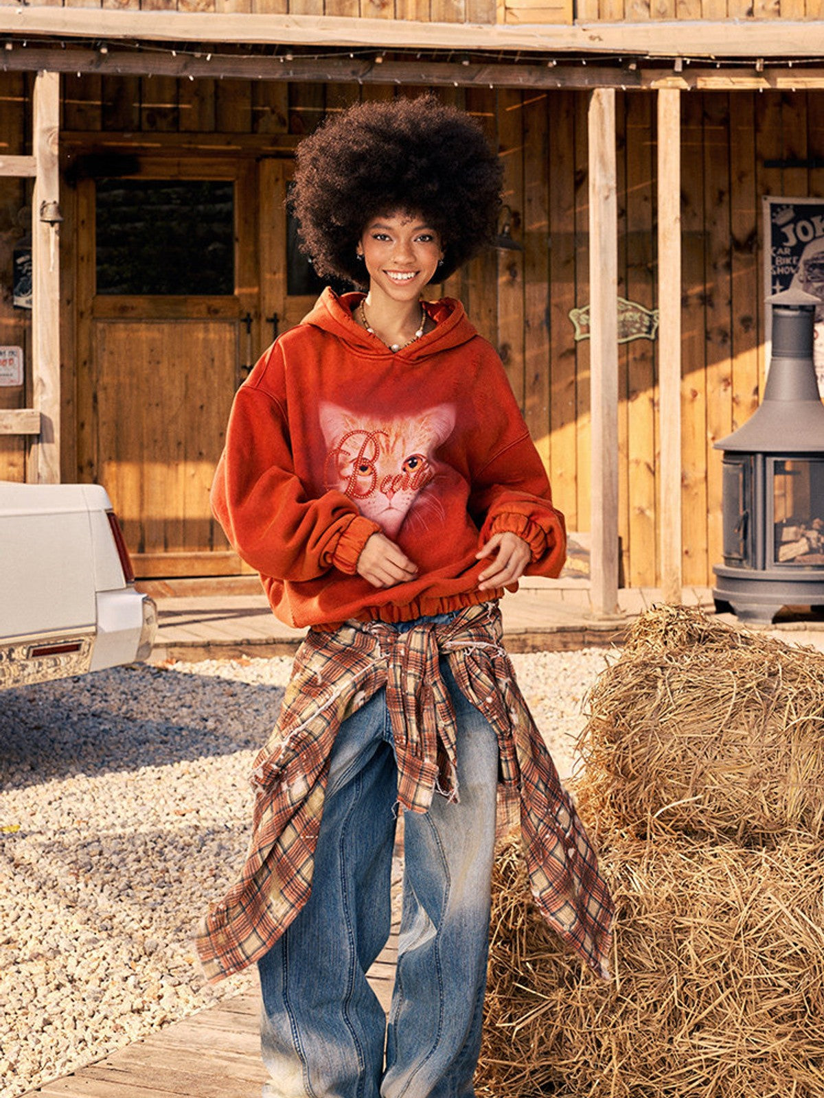 BEERBRO Distressed Cat Graphic Hoodie in Orange - On Female Model
