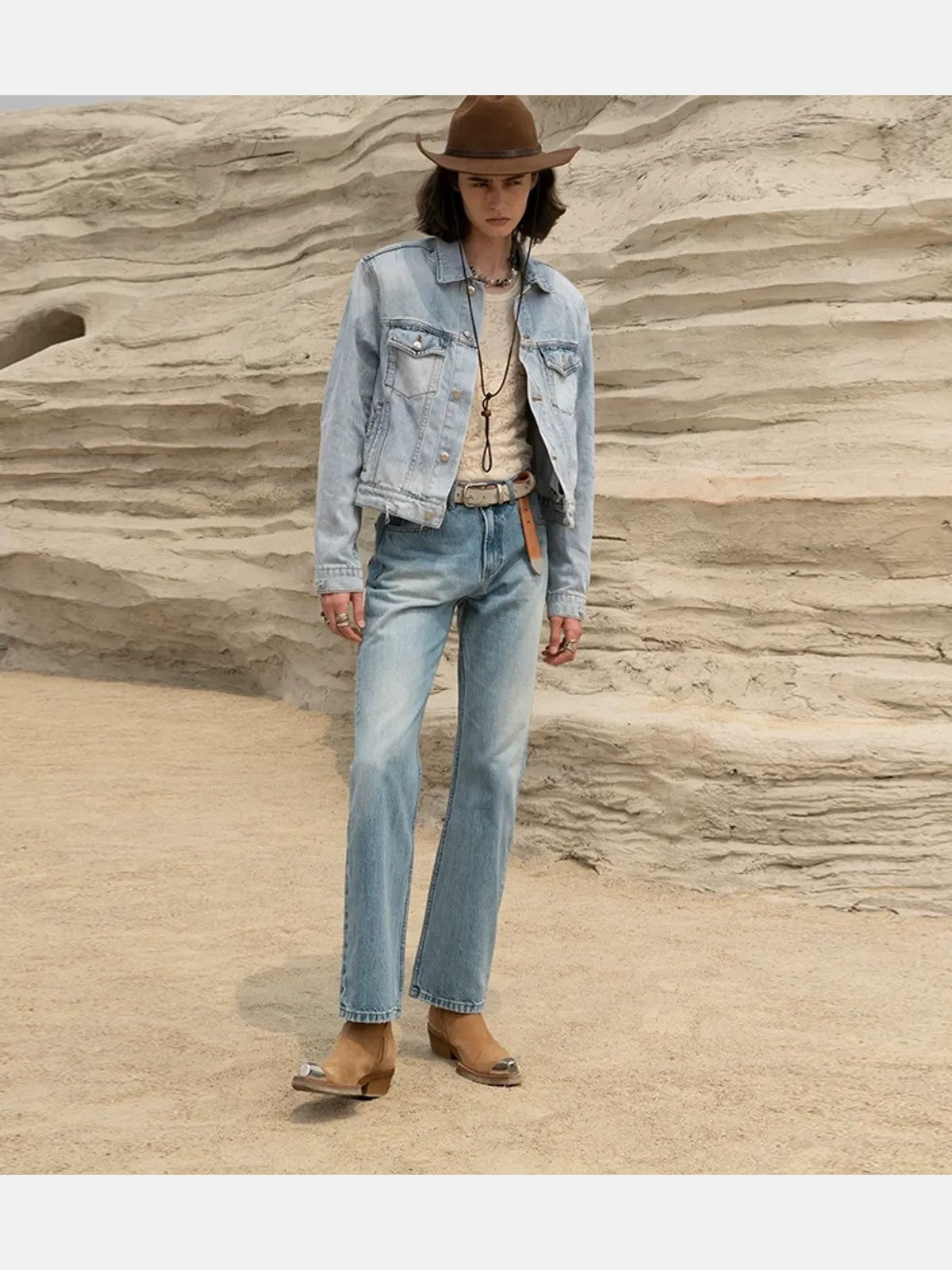 Retro 21 Washed Ice Blue Flared Jeans in Blue - On Model