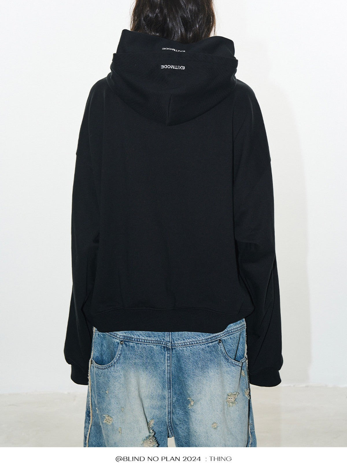 BLINDNOPLAN Faux Double Layer Paneled Hoodie in Black - On Model