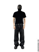 UNKNOWNWORLD Washed Waxed Wide Leg Jeans in Black - On Model