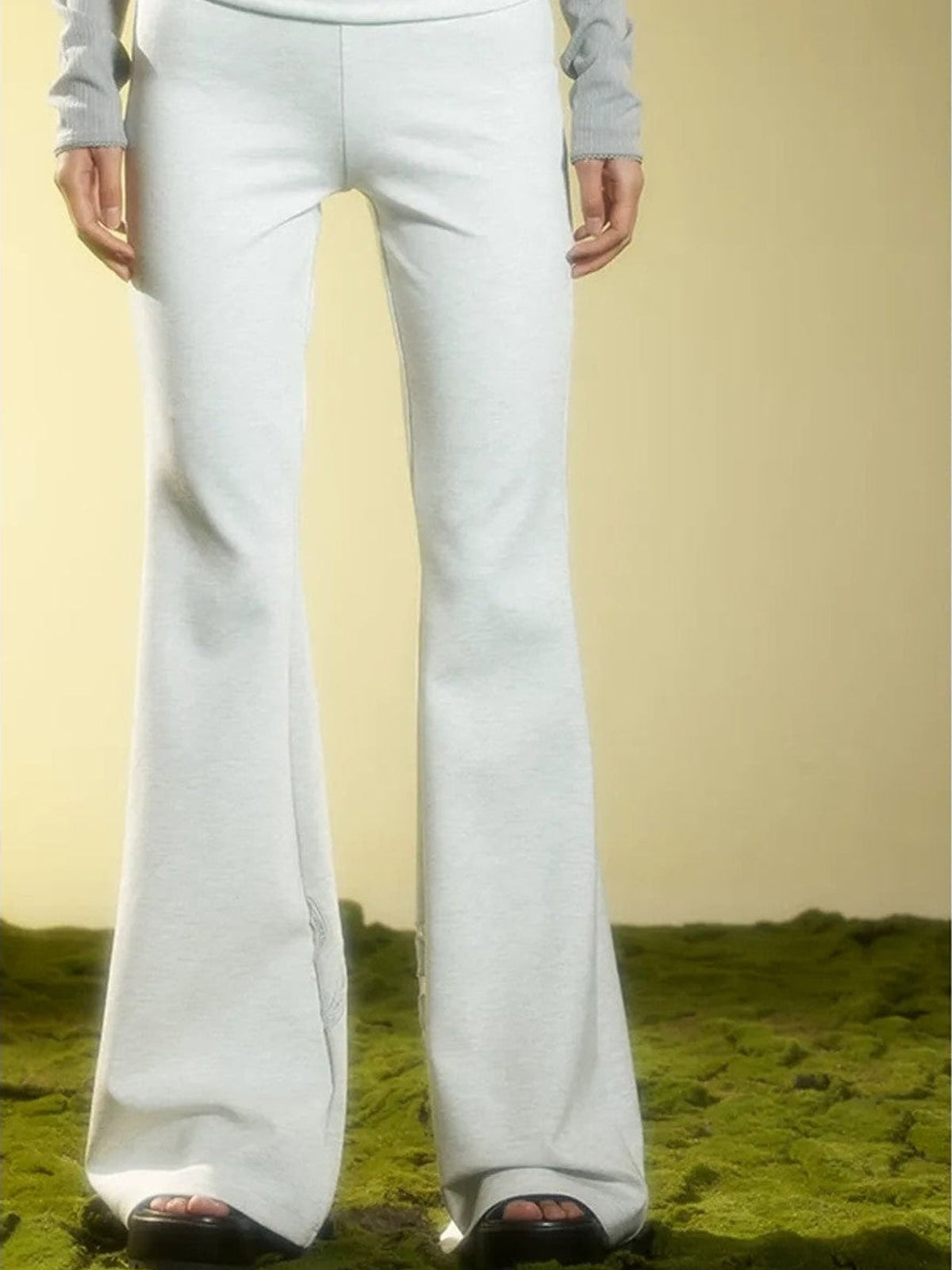 BeerBro Ruched Waist Stretch Flared Pants in Gray - On Female Model