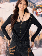 BEERBRO Lyocell Crossover Cowl Neck Top in Black - On Female Model