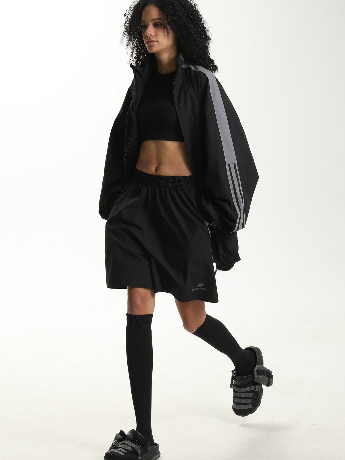 MASONPRINCE Striped Cotton Blend Track Shorts in Black - On Female Model