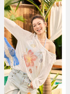 BeerBro Rhinestone Floral Sheer Top in White - On Female Model