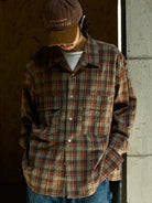 USAGE Washed Crinkle Plaid Open Collar Shirt in Orange - On Male Model