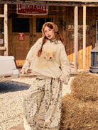 BEERBRO Distressed Cat Graphic Hoodie in Cream - On Female Model