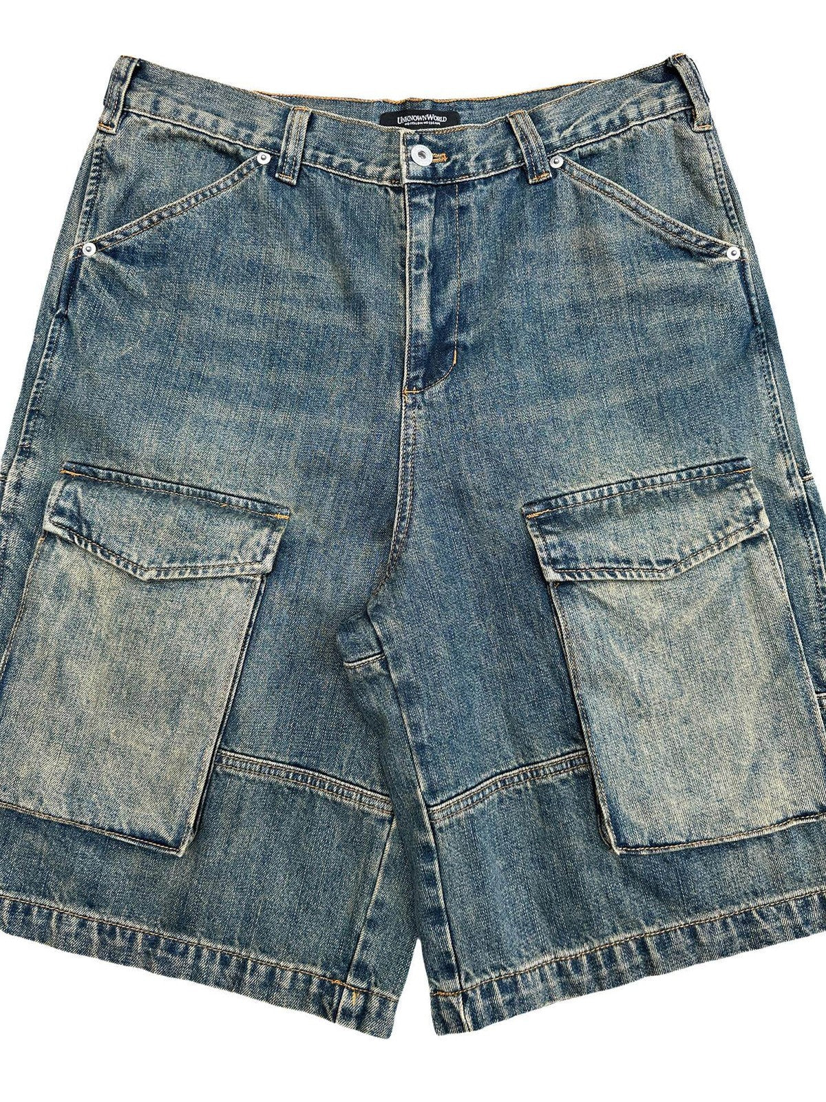 UNKNOWNWORLD Mud Dyed Multi Pocket Denim Shorts in Blue - Detail