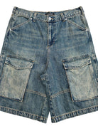 UNKNOWNWORLD Mud Dyed Multi Pocket Denim Shorts in Blue - Detail