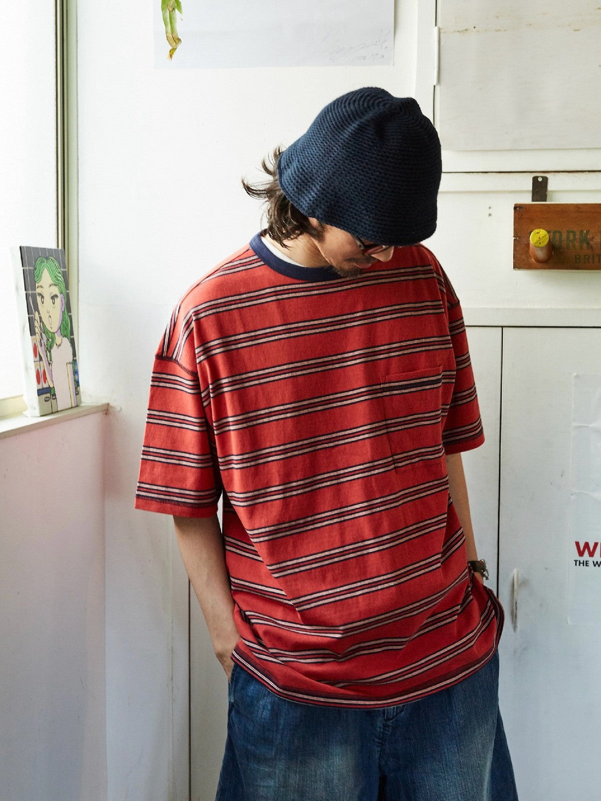 USAGE Retro Striped Cotton T Shirt in Red - On Male Model