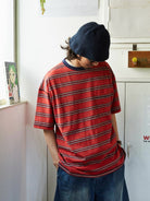 USAGE Retro Striped Cotton T Shirt in Red - On Male Model