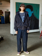 USAGE Hand Distressed Washed Zip Hoodie in Navy Blue - On Male Model