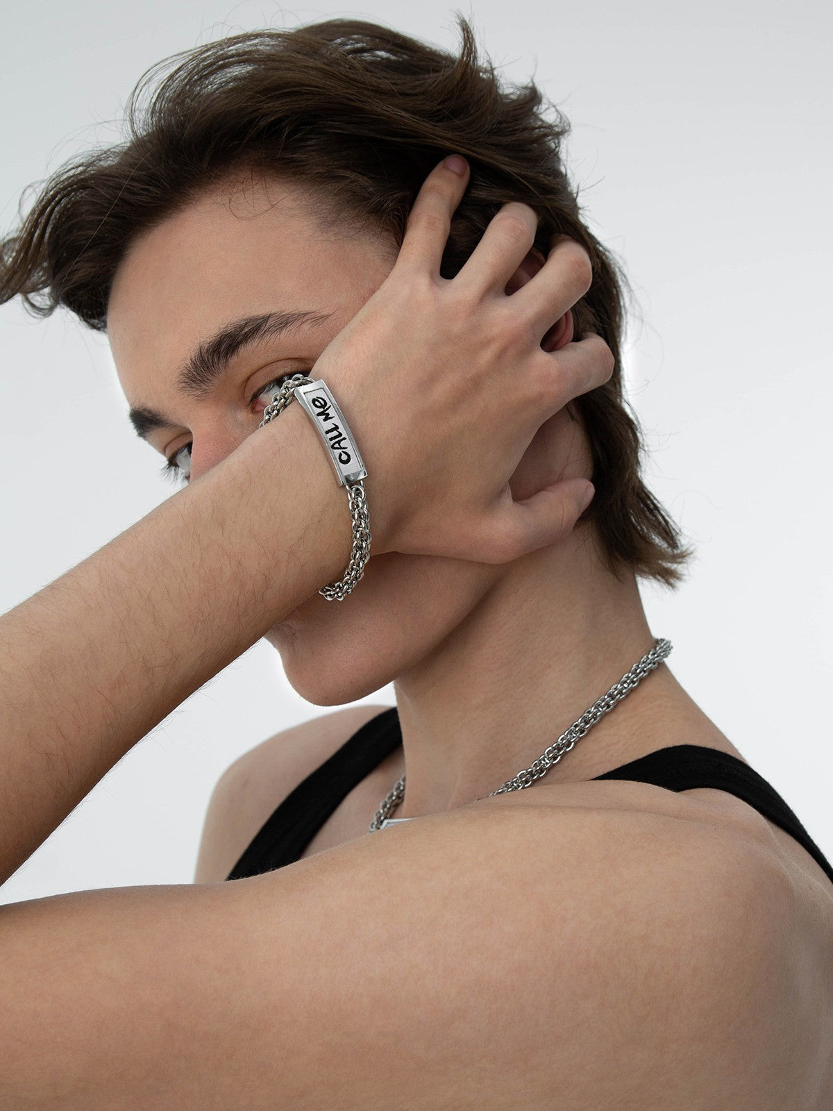 BLACKHEAD Call Me Steel Cuban Chain Bracelet in Silver - On Male Model