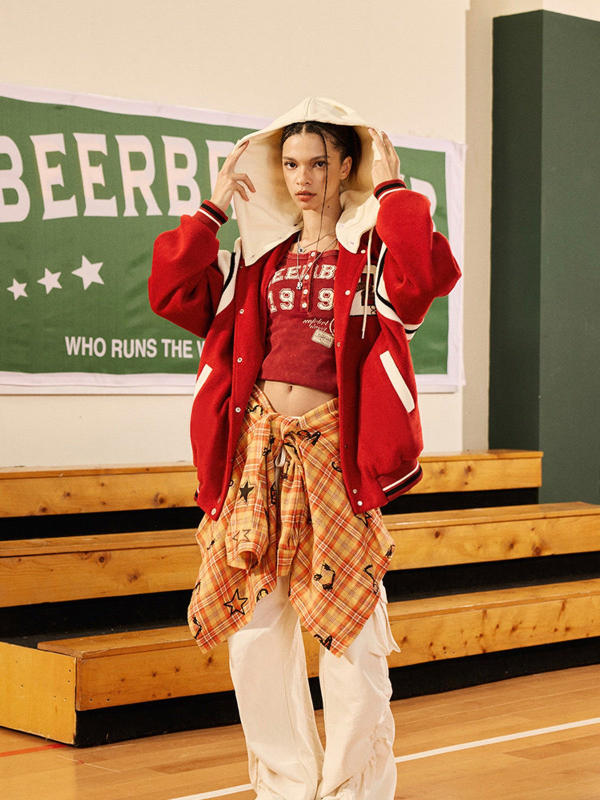 BEERBRO Detachable Hood Varsity Jacket in Red - On Female Model
