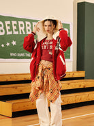 BEERBRO Detachable Hood Varsity Jacket in Red - On Female Model