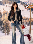 BEERBRO Faux Fur Trim Ribbed Cardigan in Black - On Female Model